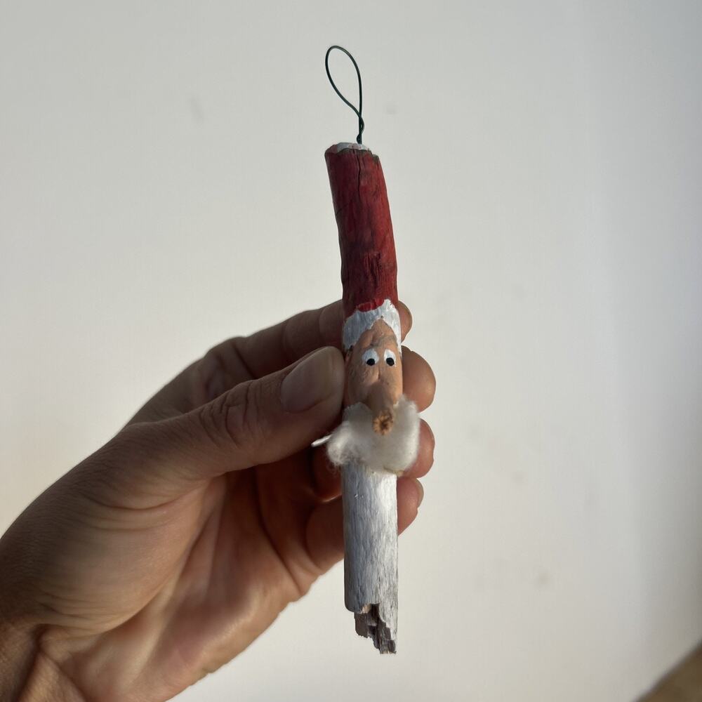 Homemade Santa Claus Ornament Vintage Holiday Hand Painted Stick Branch